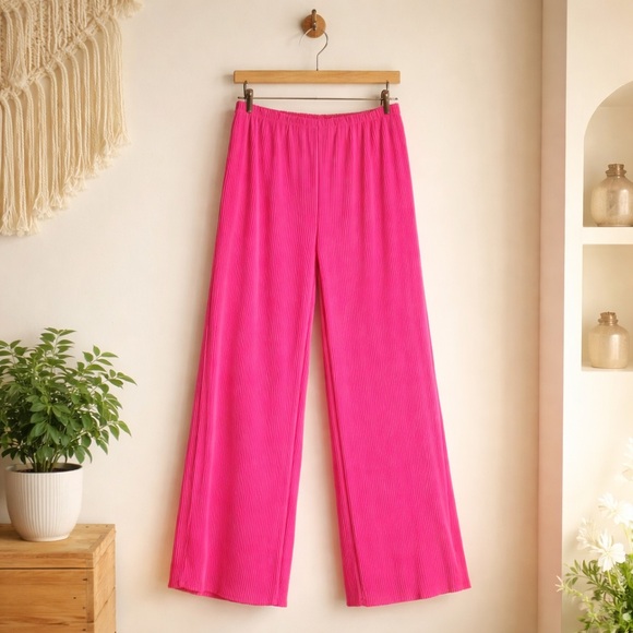 🛍️ Women's Fuchsia Pink Accordion Pleat Wide Leg Pants Size LARGE - Picture 3 of 5